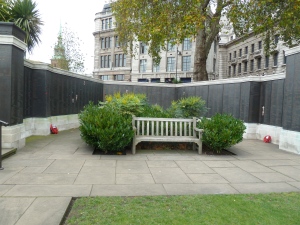 Sunken garden, Tower Hill merchant navy memorial, with wreaths for Anglo Saxon and Chama