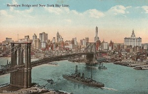 Brooklyn Bridge and NY skyline, posted 1922